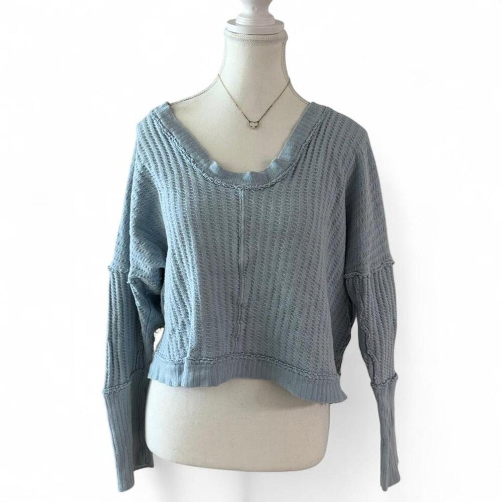 Free People V Neck Soft Blue 100% Cotton Knitted Long Sleeve Size Small